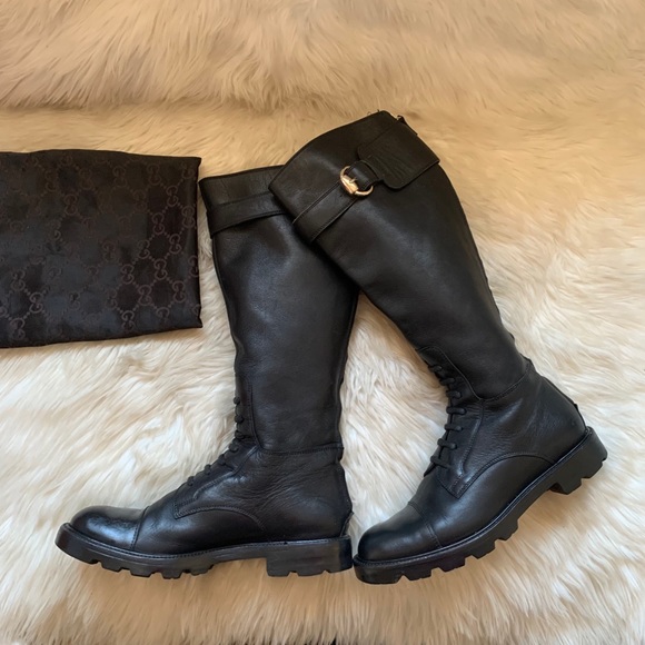 Gucci Shoes - GUCCI Logo Tall Lace Up Moto Combat Boots